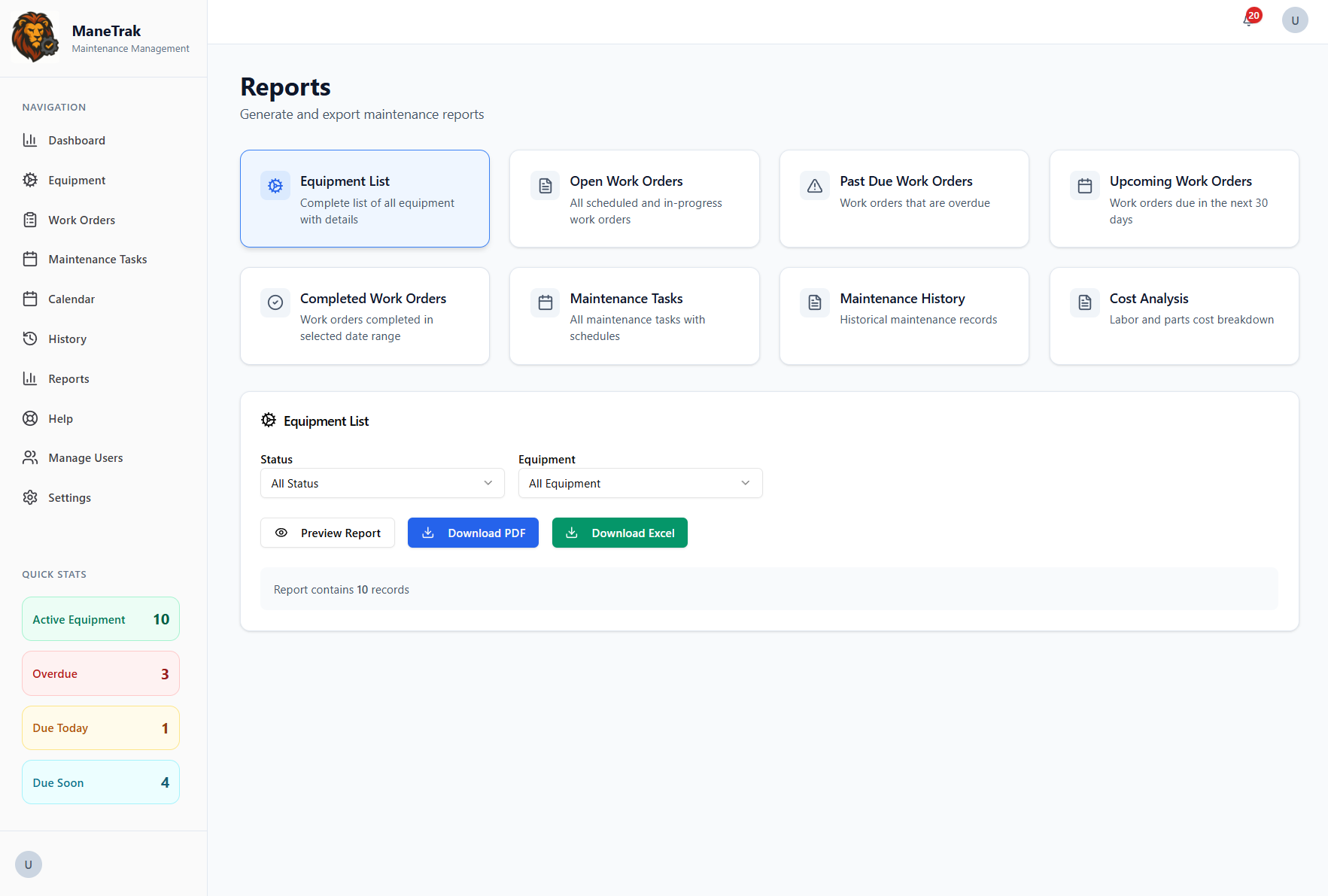 Comprehensive reporting module with custom filters, date ranges, PDF and Excel exports, and maintenance history archives